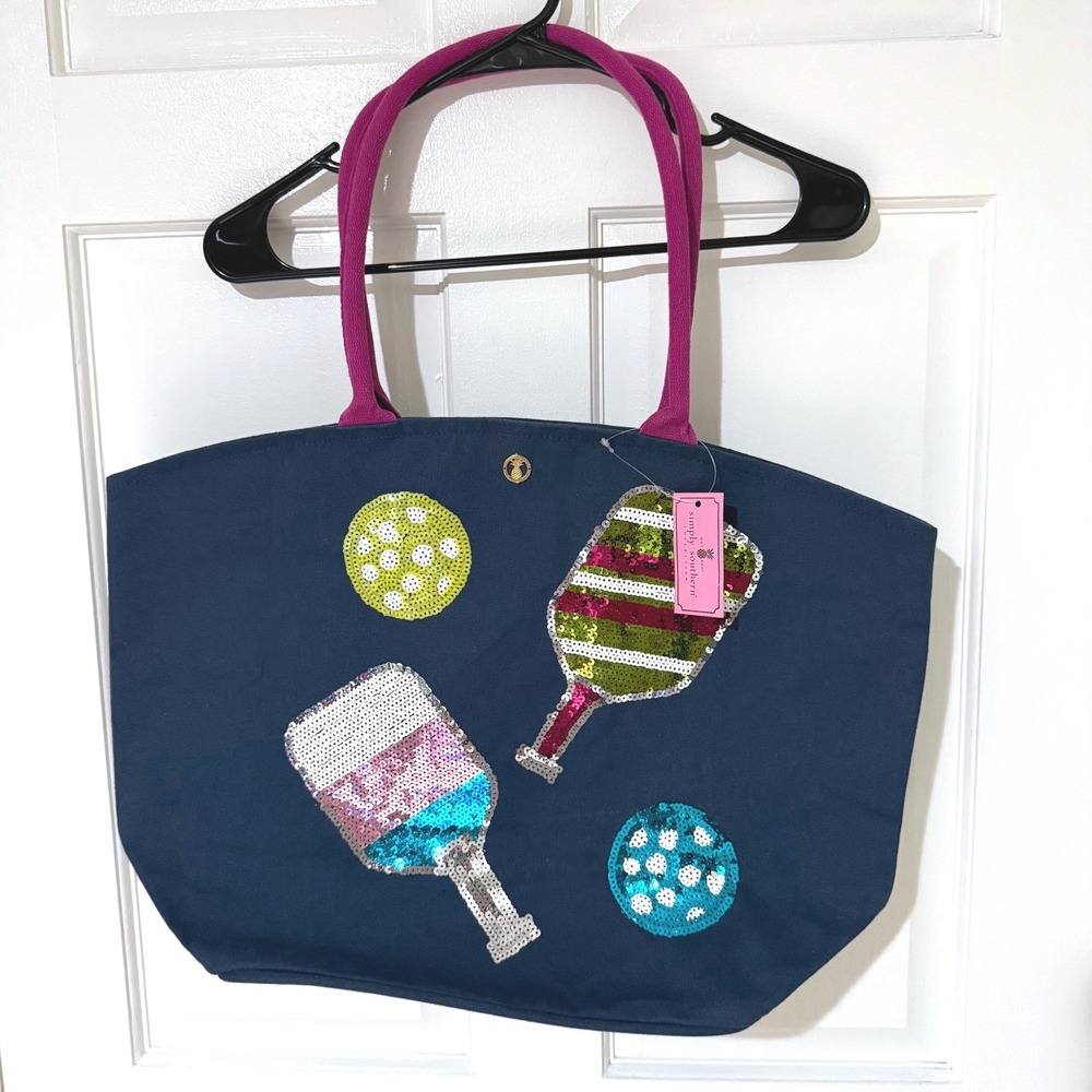 Simply Southern Navy Blue Sequin Pickleball Paddle Canvas Tote Bag Pink Handles